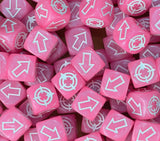 Pink scatter dice by the handful, the easy ones to spot when one rolls off the board