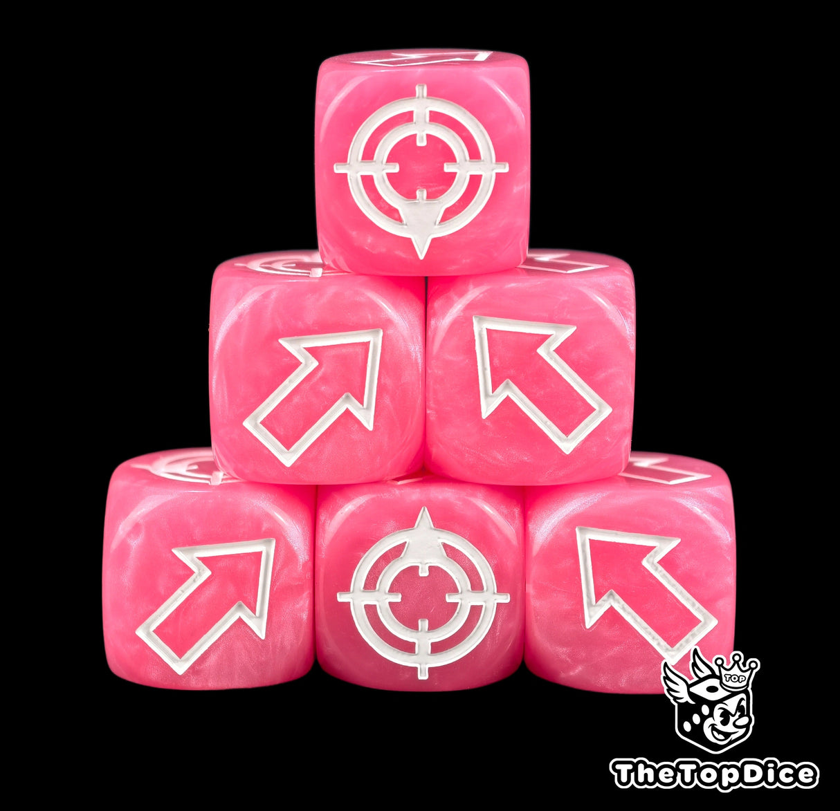 Hot pink scatter dice, six in shot, four arrow faces and two hit faces on display
