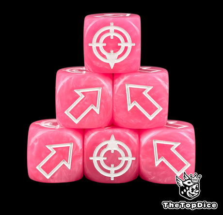 Hot pink scatter dice, six in shot, four arrow faces and two hit faces on display