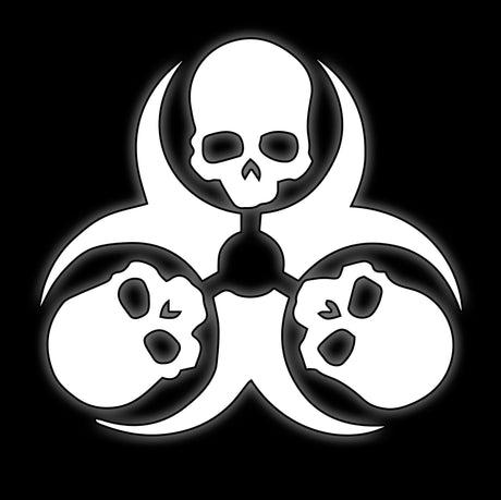 Trefoil of three grinning skulls in white on black, plague cult decay emblem for 16mm fantasy dice
