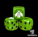 Close-up of a green D6 die with a white swollen fly