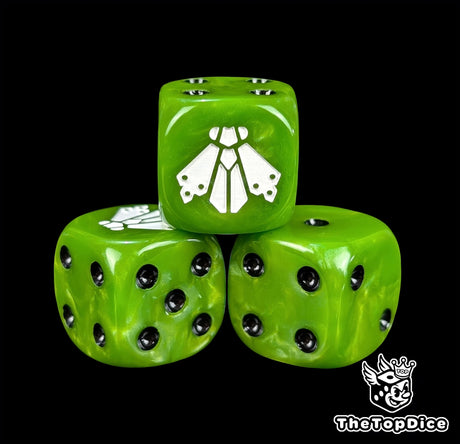 Close-up of a green D6 die with a white swollen fly