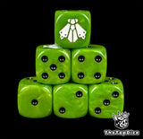 Green resin D6 dice with a white plague fly and black pips