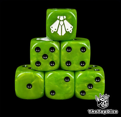 Green resin D6 dice with a white plague fly and black pips