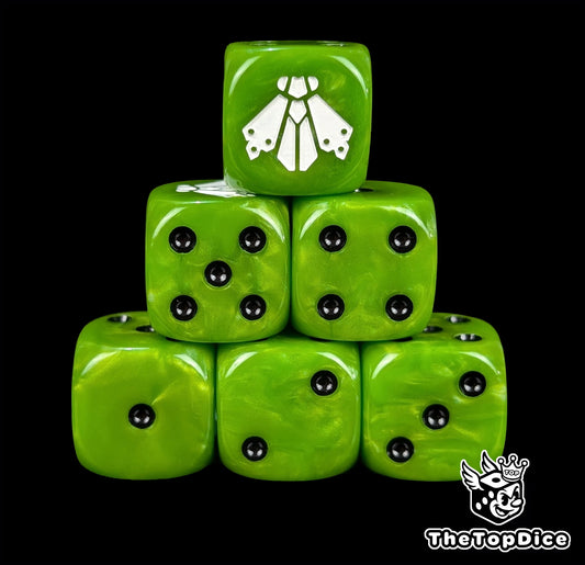 Green resin D6 dice with a white plague fly and black pips
