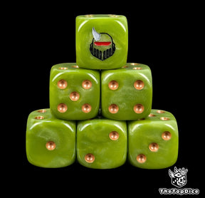 Rotten green 16mm D6 dice with a horned plague helmet emblem and gold pips for sci-fi wargaming