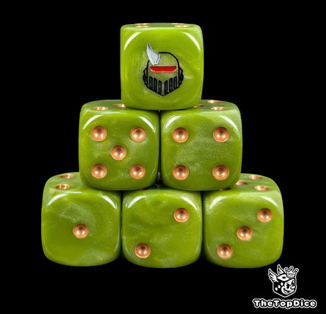 Rotten green 16mm D6 dice with a horned plague helmet emblem and gold pips for sci-fi wargaming