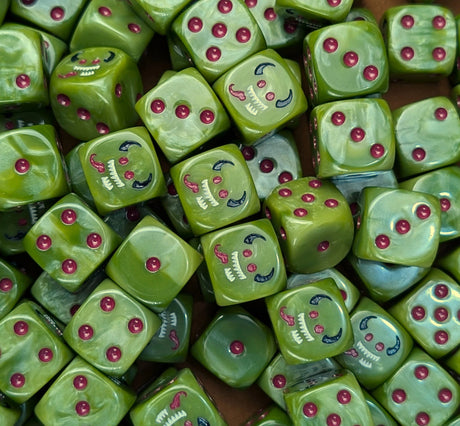 Pile of green plague imp 16mm D6 dice for a fantasy plague army