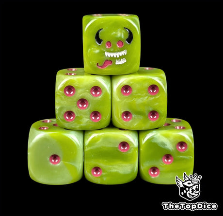Green 16mm D6 dice with a grinning imp face and purple pips for fantasy wargaming