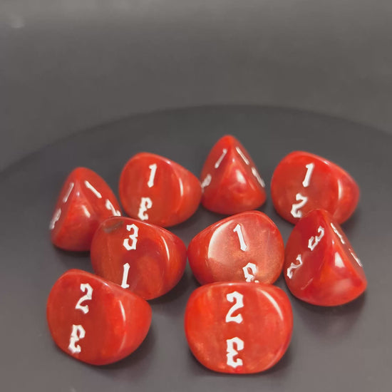Red and white 3-sided D3 die for wargames and RPG