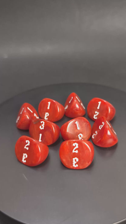 Red and white 3-sided D3 die for wargames and RPG