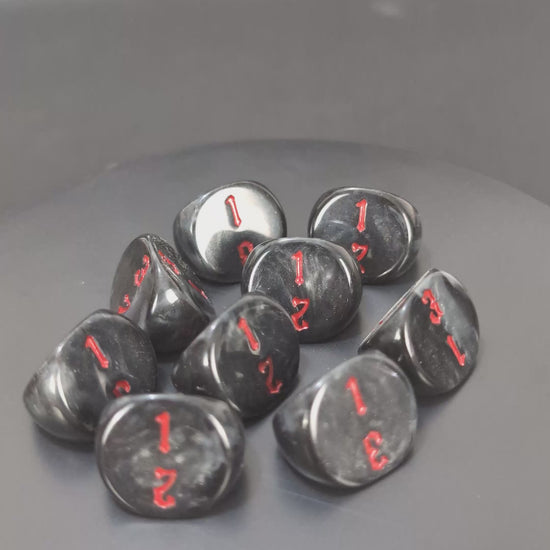 Black and red D3 resin dice for tabletop wargames