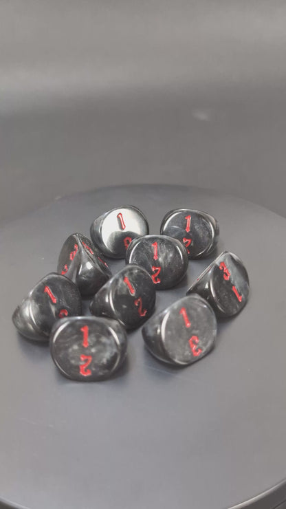 Black and red D3 resin dice for tabletop wargames