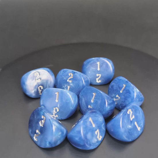 Blue and silver D3 resin dice with engraved numbers