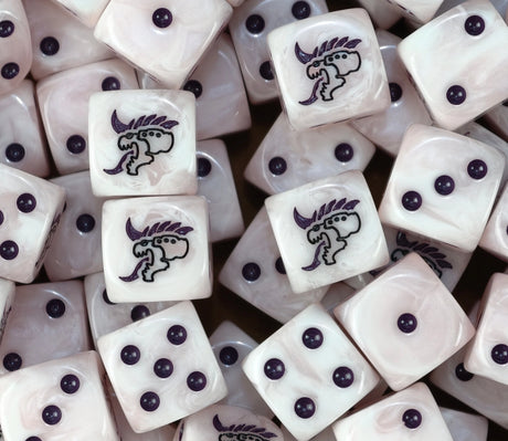 A pile of pale Tyranid dice with purple pips and barbed tongue heads