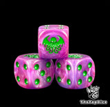 Three purple Cthulhu dice with acid green pips and a tentacled head