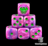 Six purple Cthulhu D6 stacked, green pips and a green tentacled head