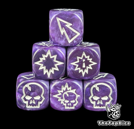Close up of three purple 16mm block dice with white symbols for resolving blocks in fantasy football
