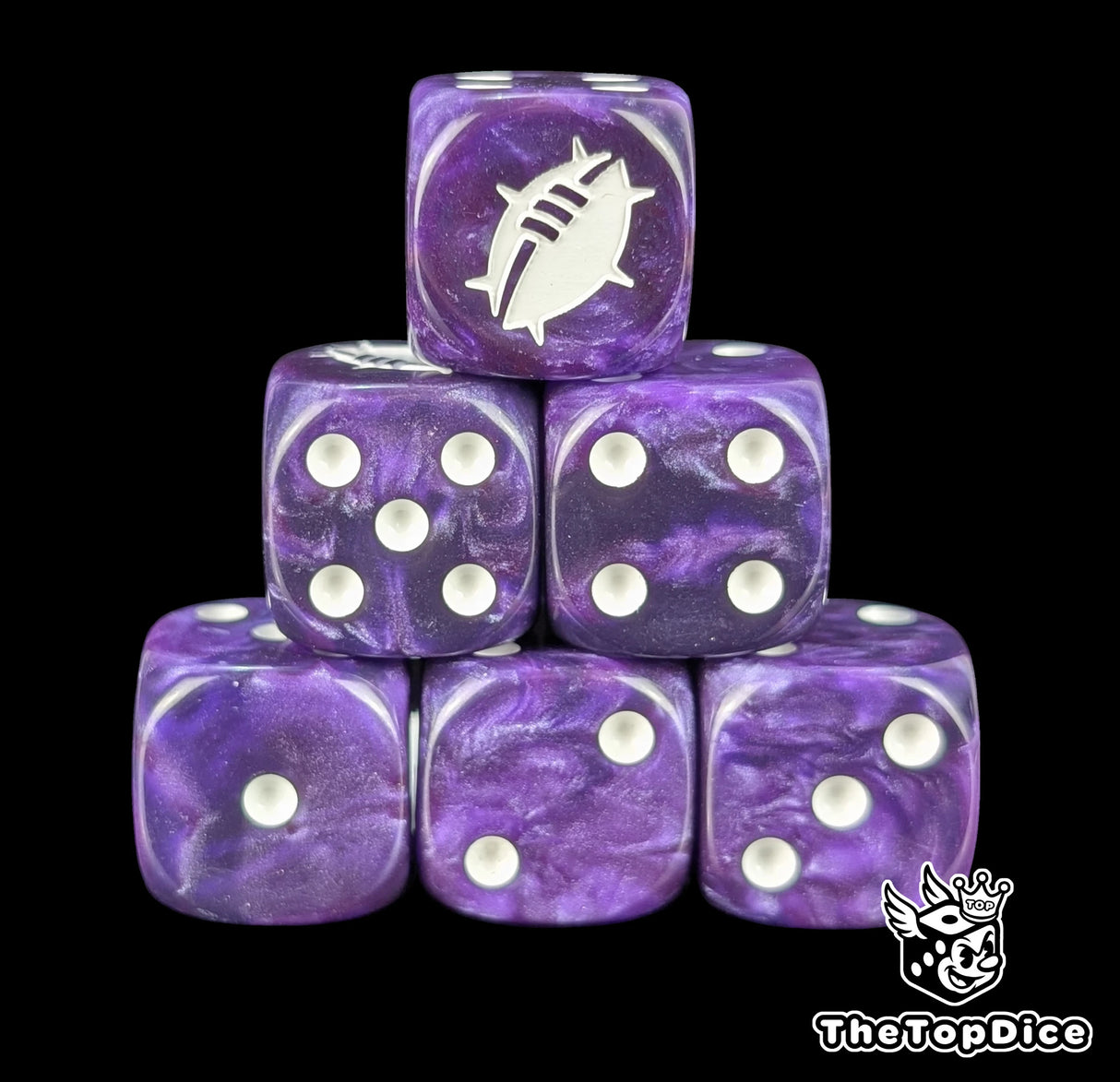Close up of two purple D6 with a white custom logo on the six face for fantasy football games