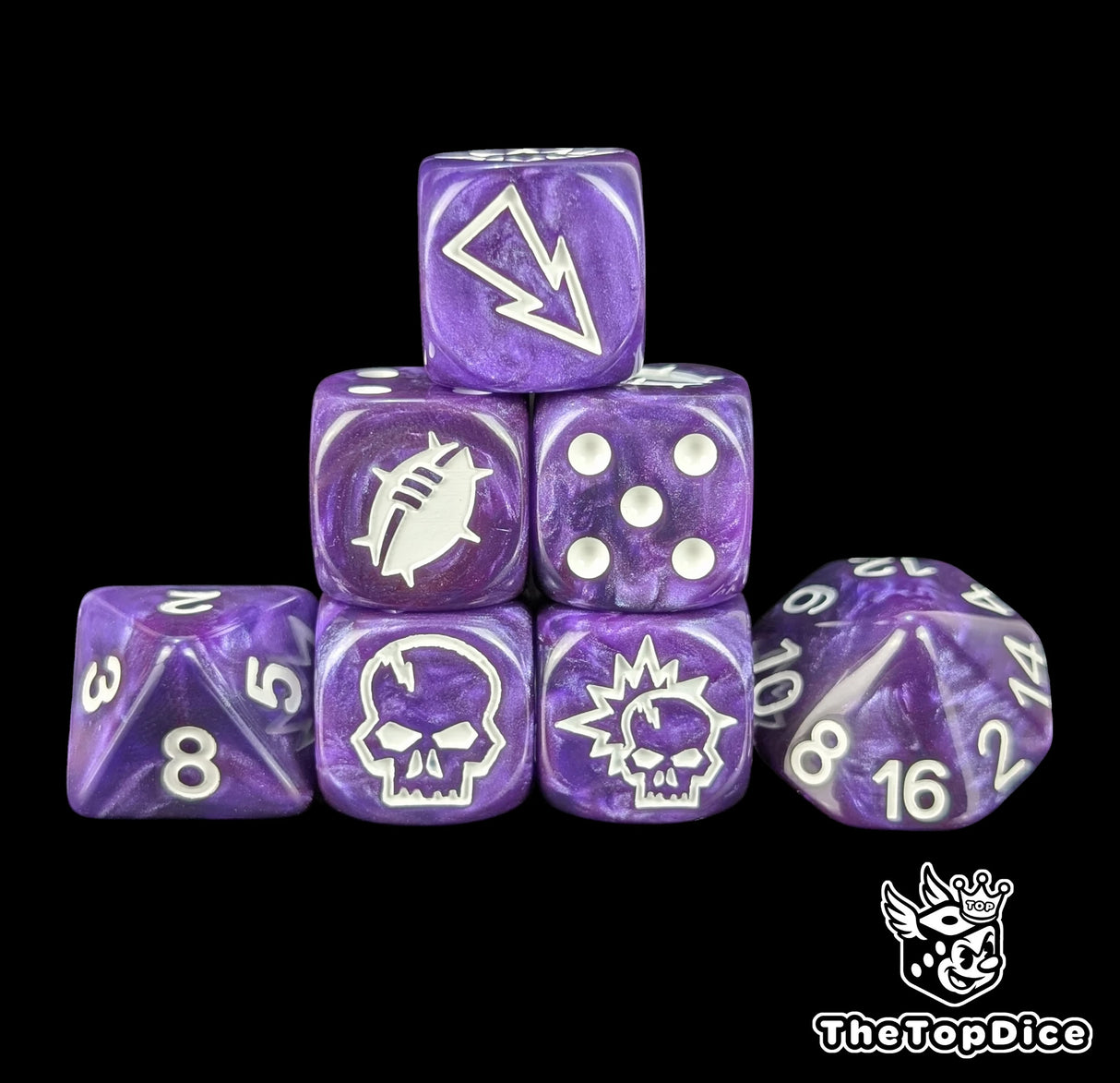 Purple fantasy football dice set of seven 16mm resin dice with white logos compatible with Blood Bowl