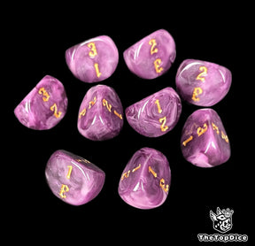 Purple and pink 16mm D3 dice with gold numbers 1 to 3 for tabletop and wargames