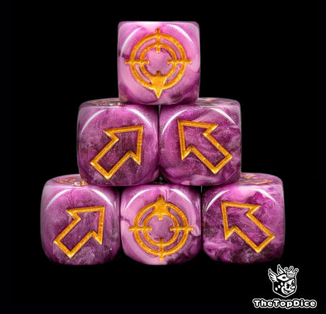Purple and pink 16mm scatter dice with gold arrows and hit faces for wargames