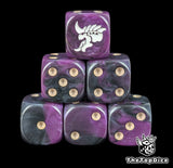 Purple and black 16mm D6 dice with a white hive alien head emblem and bone pips for sci-fi wargaming