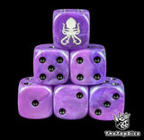Purple 16mm D6 dice with a white kraken sigil emblem and black pips for sci-fi wargaming
