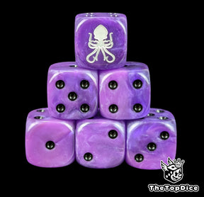 Purple 16mm D6 dice with a white kraken sigil emblem and black pips for sci-fi wargaming