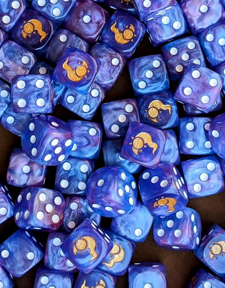 Pile of purple and blue 16mm D6 dice for a sci-fi sorcerer army