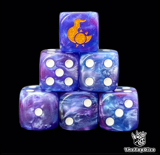 Purple and blue 16mm D6 dice with a gold sigil emblem and white pips for sci-fi wargaming
