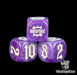 Four purple 16mm dice at close range, white numbers over a marbled violet body