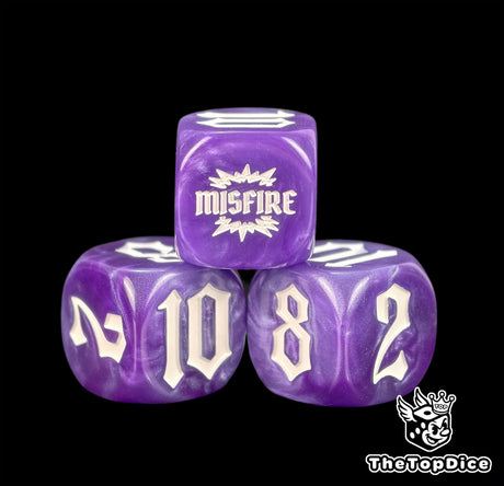 Four purple 16mm dice at close range, white numbers over a marbled violet body