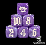Violet resin shot through with a pale swirl, six artillery dice stacked three high