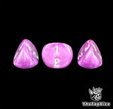 Close up of three violet 16mm D3 dice with the white numbering on show