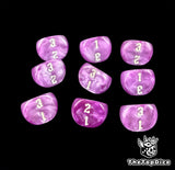 Nine light violet D3 dice in a three by three grid, numbered 1 to 3 in white