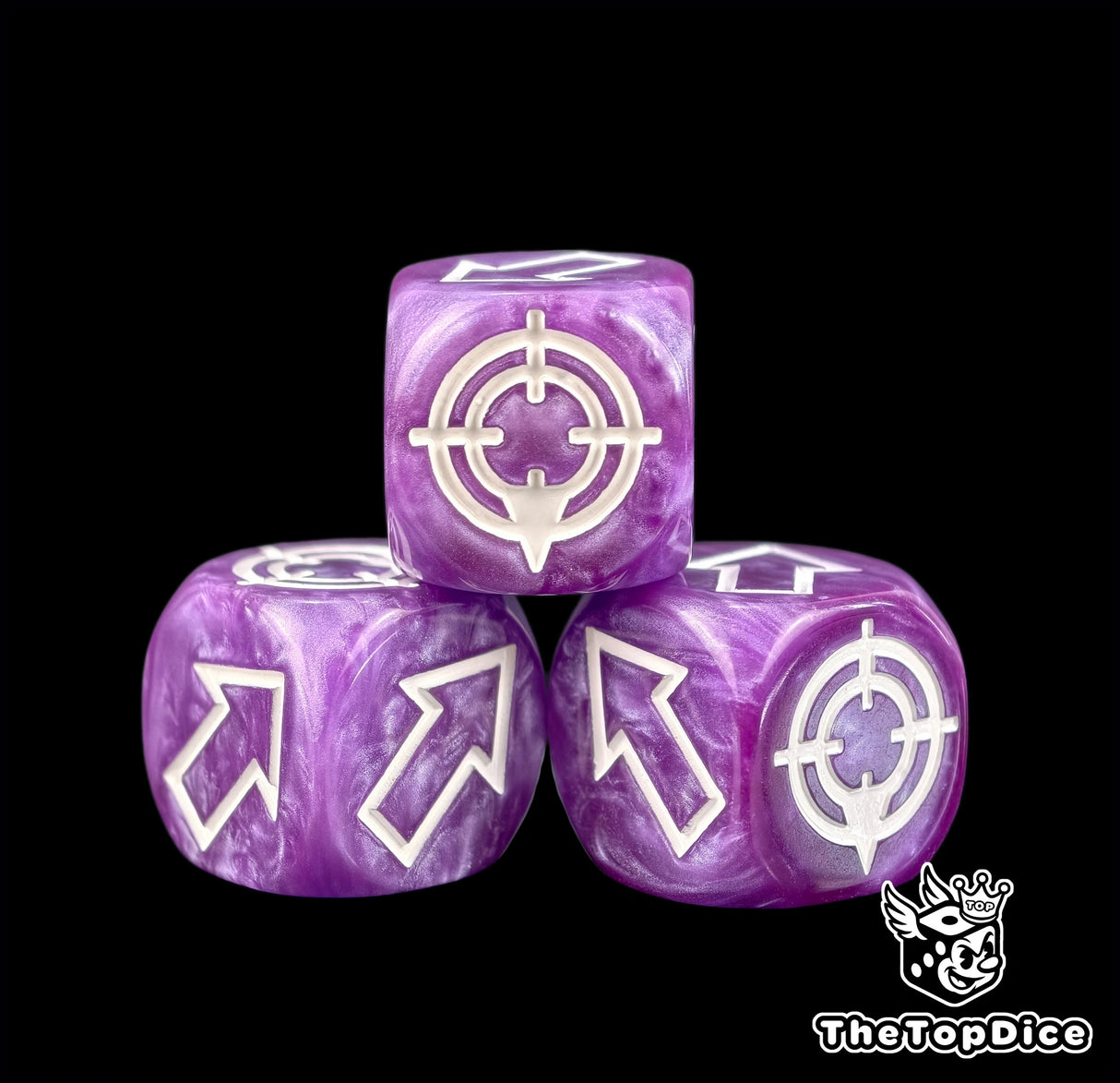 White arrows standing proud on three marbled purple resin dice, target face included