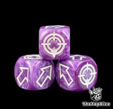 White arrows standing proud on three marbled purple resin dice, target face included