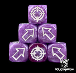 Marbled purple scatter dice, six of them stacked, white arrows readable from across the table