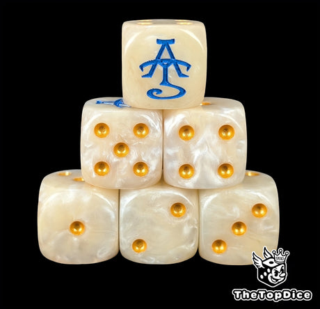 White and beige resin D6 dice with a gold and blue sigil and gold pips