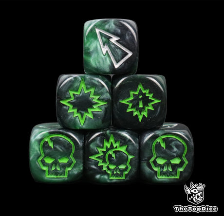 Close up of three black and green 16mm block dice with silver pips for resolving blocks