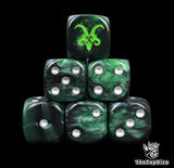 Close up of two black D6 with a green rat logo on the six face for fantasy football