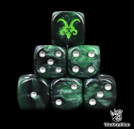 Close up of two black D6 with a green rat logo on the six face for fantasy football