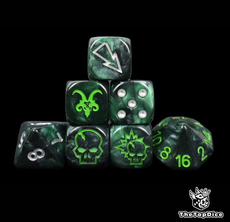 Black and green rat fantasy football dice set of seven 16mm resin dice compatible with Blood Bowl