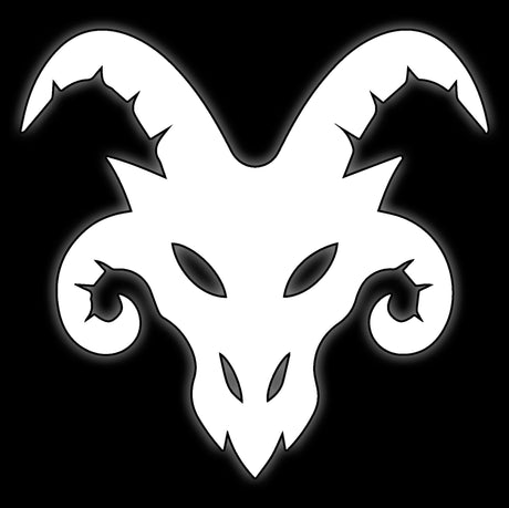 Horned rat skull in white line art on black, tile for verminous rat swarm fantasy 16mm dice