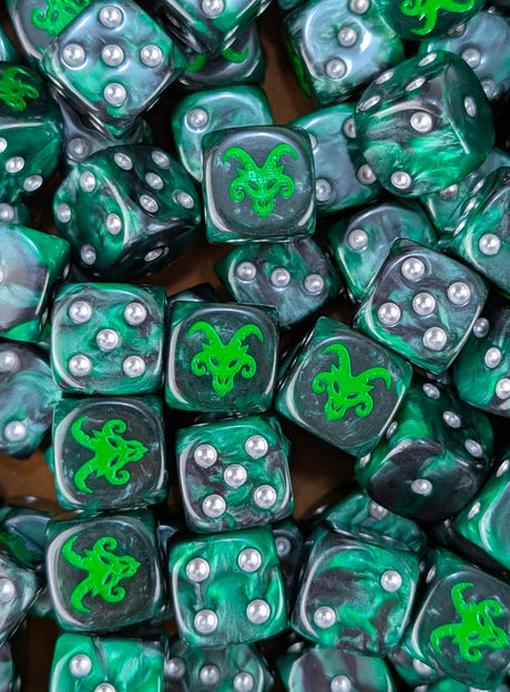 Pile of green and black rat 16mm D6 dice for a fantasy vermin army