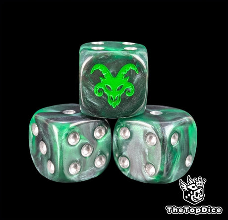 Close up of a green and black 16mm resin D6 die engraved with a green rat and silver pips