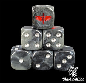 Black resin D6 dice with a red winged sword emblem and silver pips