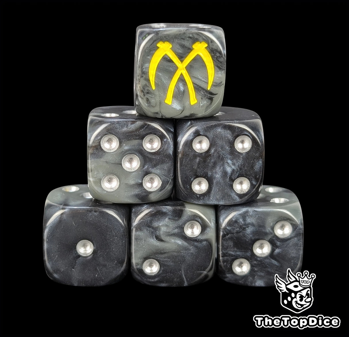 Black resin D6 dice with crossed yellow scythes and silver pips