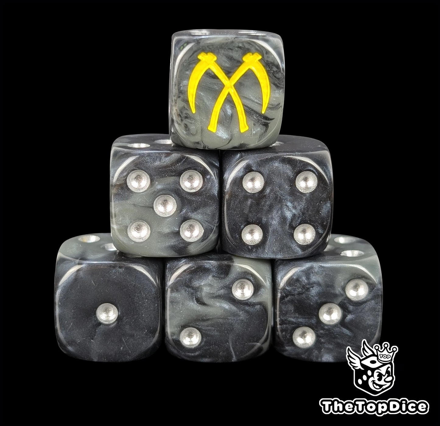Black resin D6 dice with crossed yellow scythes and silver pips